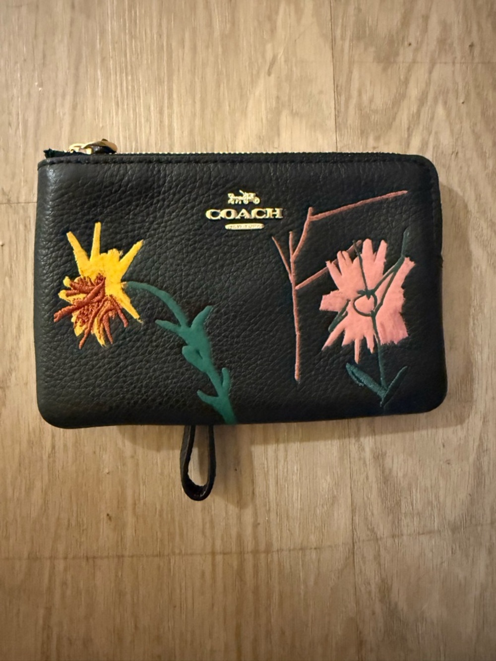 COACH Black Leather Floral Zip Wristlet with Yellow and Pink Embroidery